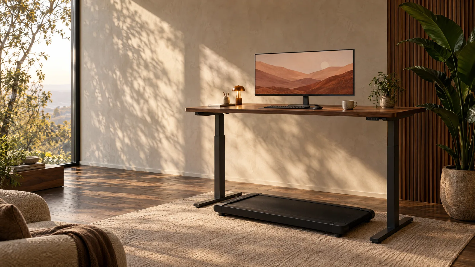 Concept illustration of a sunlit walnut standing desk with a walking pad and a large houseplant