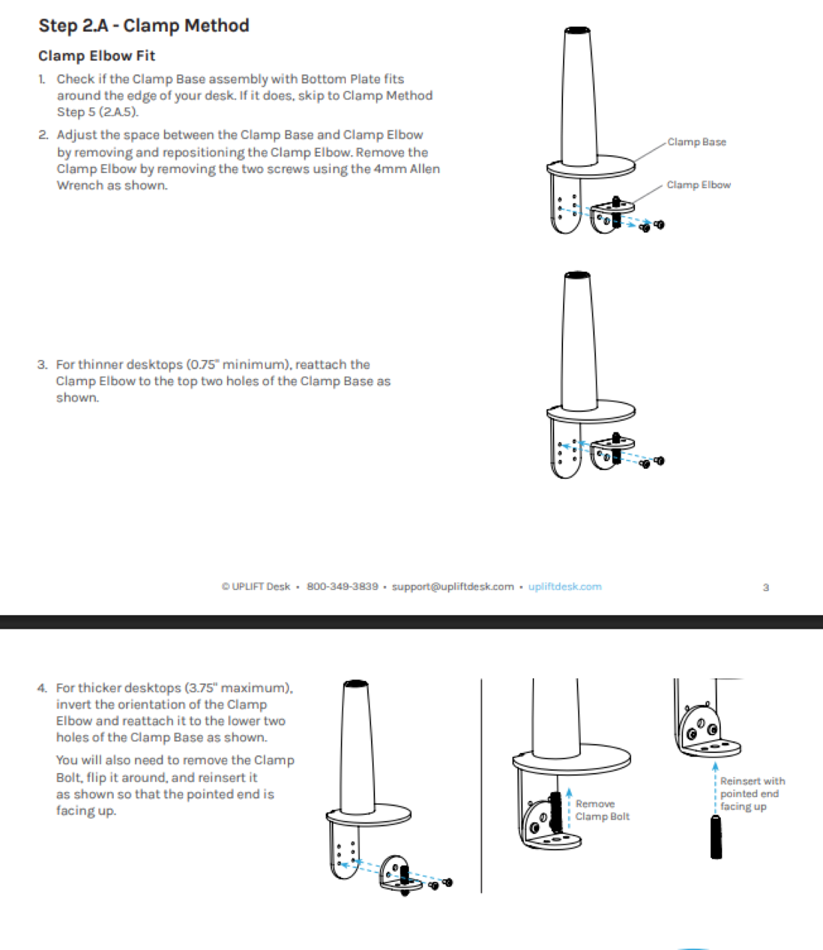 UPLIFT Desk Step 2.A Clamp Method instructions showing how to configure the Clamp Elbow for thicker desktops up to 3.75 inches by inverting the elbow to the lower two holes and flipping the clamp bolt orientation