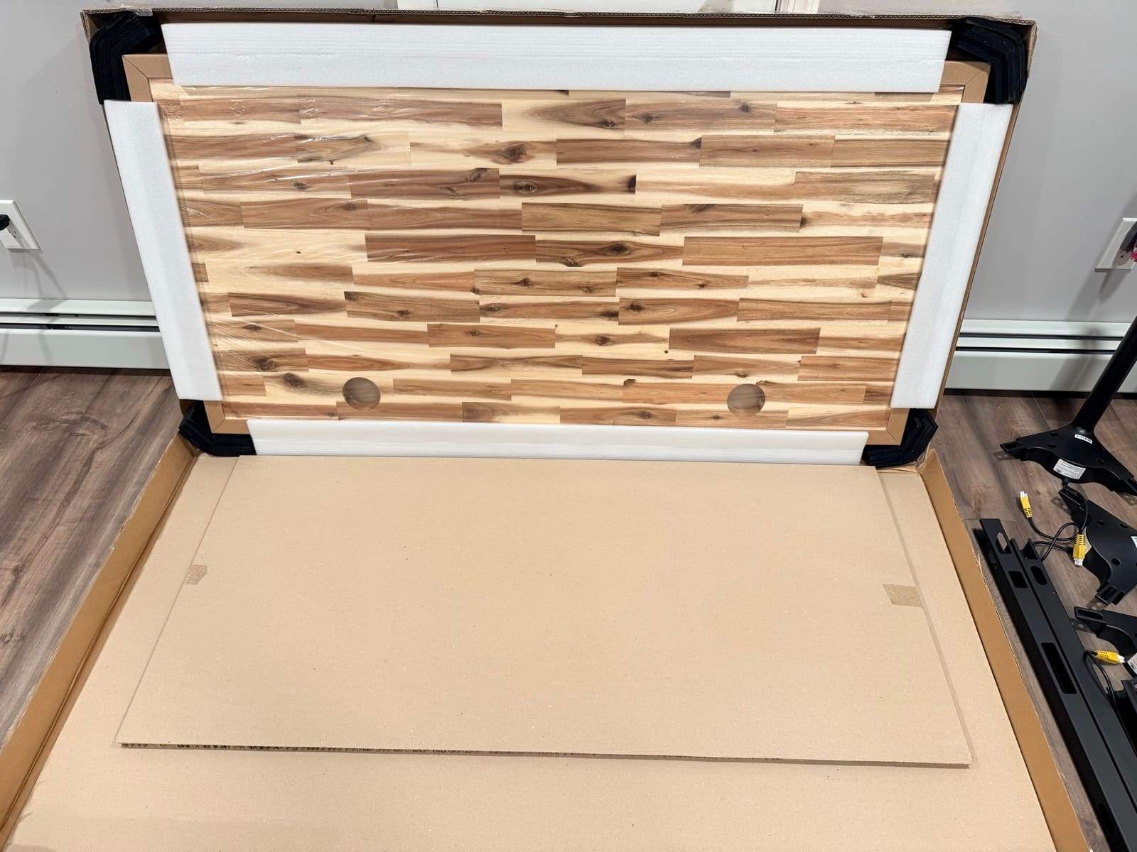 Acacia Butcher Block desktop unboxed, showing wood grain and grommet holes