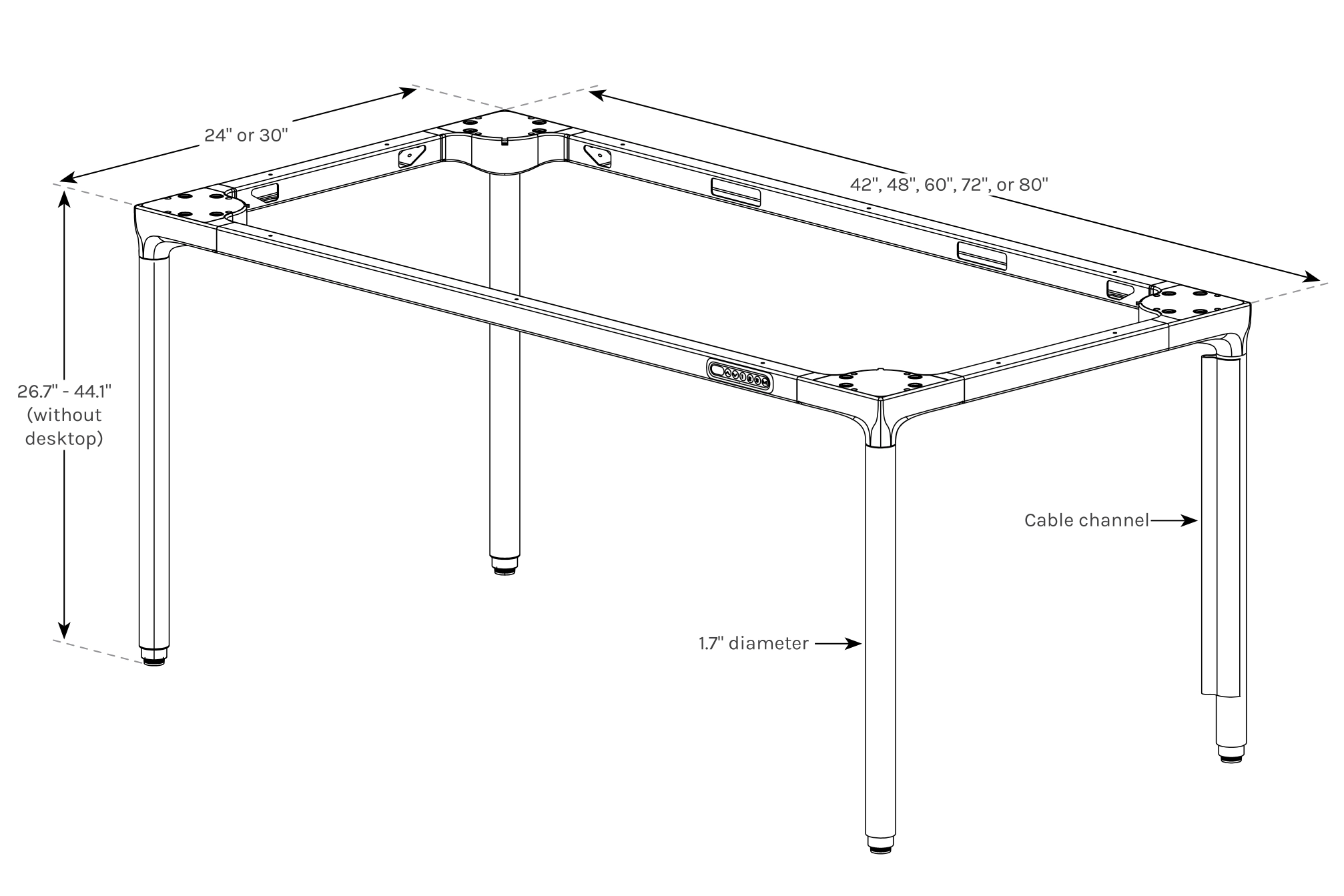 UPLIFT Parsons Standing Desk spec drawing with dimensions