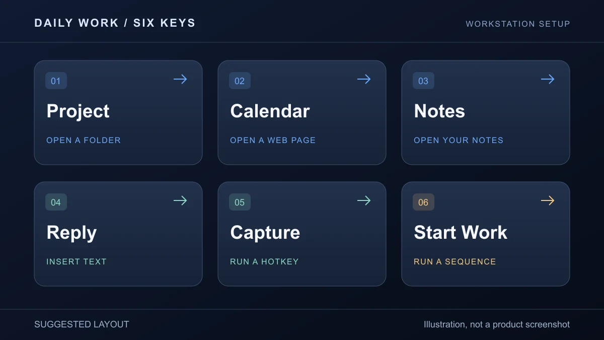 Suggested six-key office layout: Project, Calendar, Notes, Reply, Capture, and Start Work. An illustration, not a product screenshot.