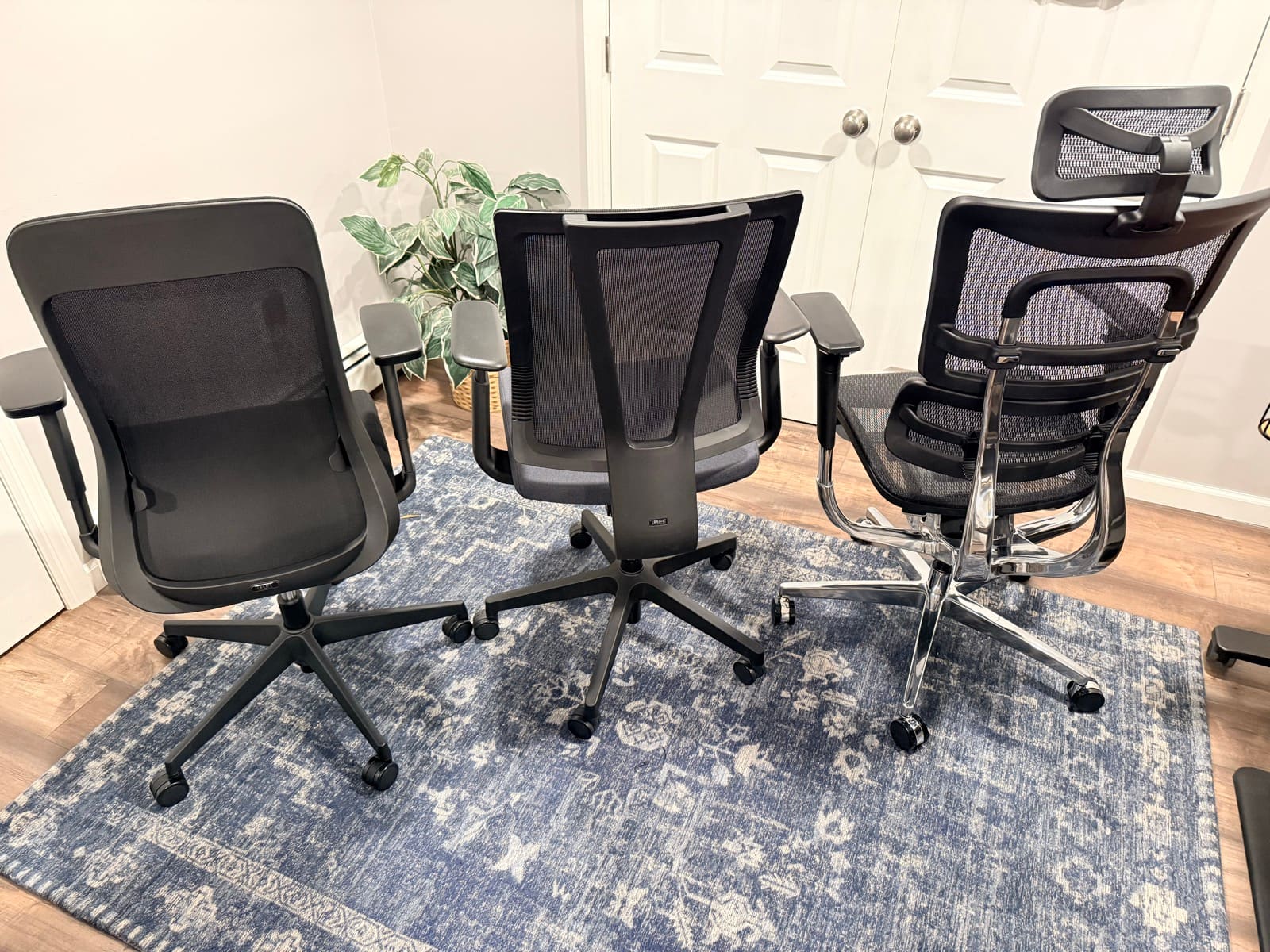 All three UPLIFT chairs from behind showing material and construction differences