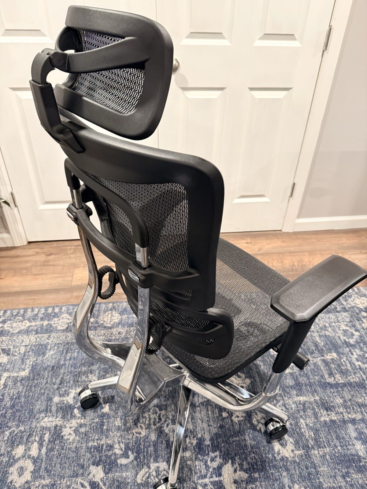 UPLIFT Intuition Ergonomic Chair assembled, showing chrome frame and mesh construction